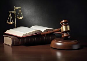 gavel, law books and judicial weight scale