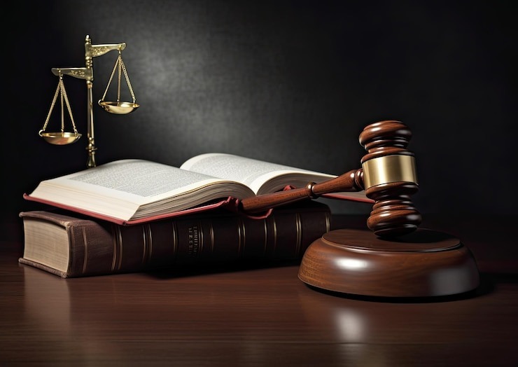 gavel, law books and judicial weight scale